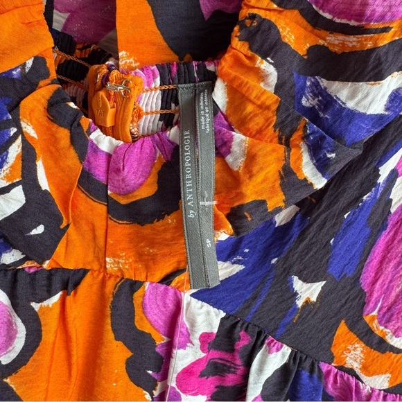By Anthropologie Puff Sleeve Midi Floral Orange and Purple Dress size S - Picture 8 of 11